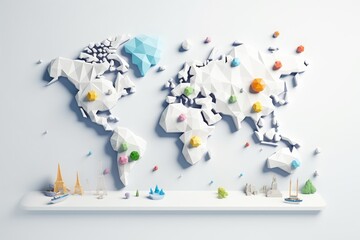 World Map with Icons Representing Famous Landmarks, Featured on a Minimalist White Canvas, Generative AI