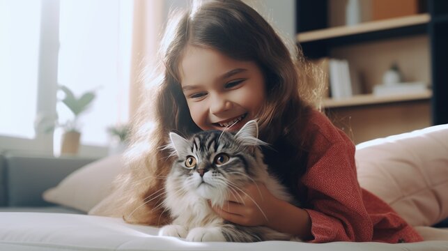A girl plays and feeding cute cat and pet at home, lovely moment, AI generated photo, copy space for text