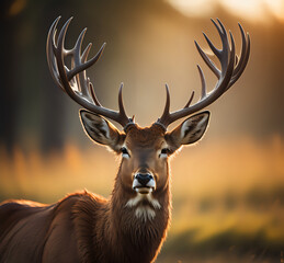 deer in the forest. Big wild deer in autumn forest, A majestic deer with antlers standing proudly in the forest at dawn. Created with Generative AI 