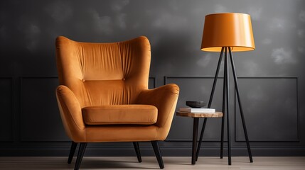 Elegant Orange Velvet Armchair in Dark Room