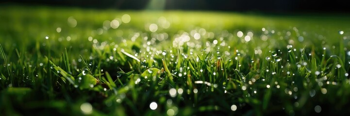 Fototapeta premium Green grass sparkles with morning dew, shining in the sunlight and creating a serene and luminous scene that embodies the beauty of a fresh morning.