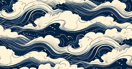 blue and white abstract japanese wave style seamless pattern
