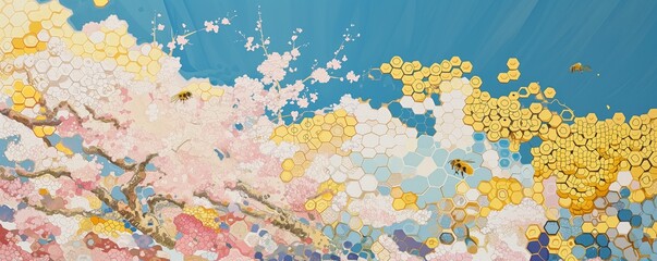 Hand-Drawn Bees Buzzing Among Pink Blooms and Abstract Honeycombs Close-Up Illustration