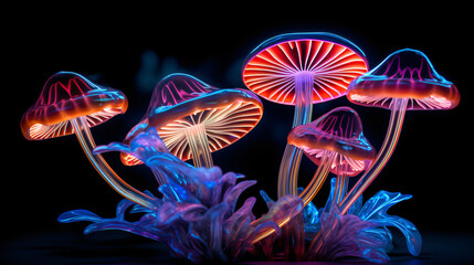 Fluorescent mushrooms in neon light