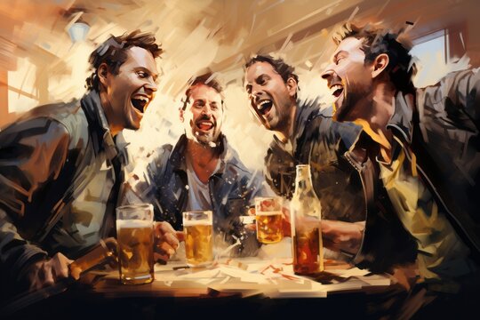 illustration of a group of men drinking together, laughing and chatting