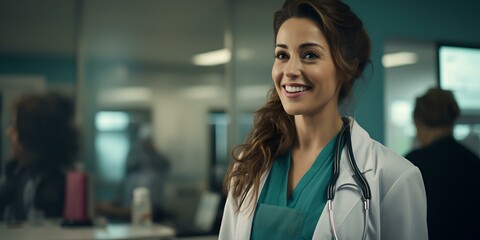 Confident female healthcare professional in a hospital setting. smiling doctor in scrubs. medical staff portrait. AI