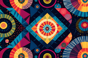 Abstract background with geometric shapes including spirals diamonds and concentric circles. batik inspired illustration.