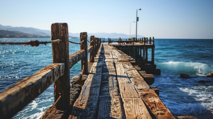 Fototapeta premium A wooden pier with a rope attached to it in the ocean, AI