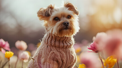 Beautiful dog in clothes in the spring garden