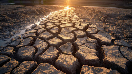 Sunset over a dry riverbed, the cracked soil telling of drought.