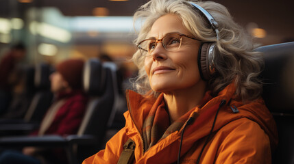 Fototapeta premium Passenger elderly woman of commercial airplane on their seats during flight,Travel concept