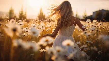 Poster Blonde woman dancing in a white flower meadow, wearing a white dress © Zanni