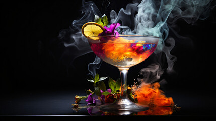 Glass of colorful cocktail with flowers