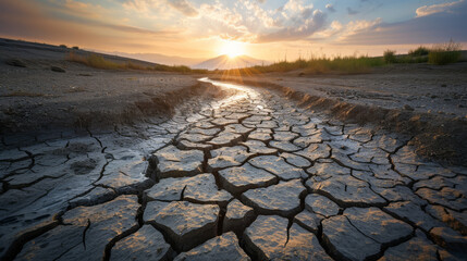 Sunset over a dry riverbed, the cracked soil telling of drought. - obrazy, fototapety, plakaty