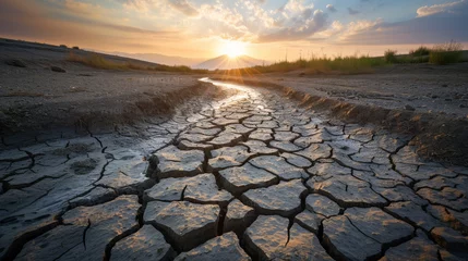 Fotobehang Sunset over a dry riverbed, the cracked soil telling of drought. © Jan