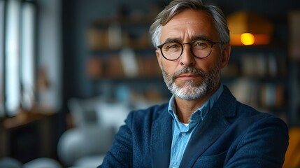 Fototapeta premium Confident mature businessman in a stylish blue blazer, professional portrait. looking experienced and wise. AI