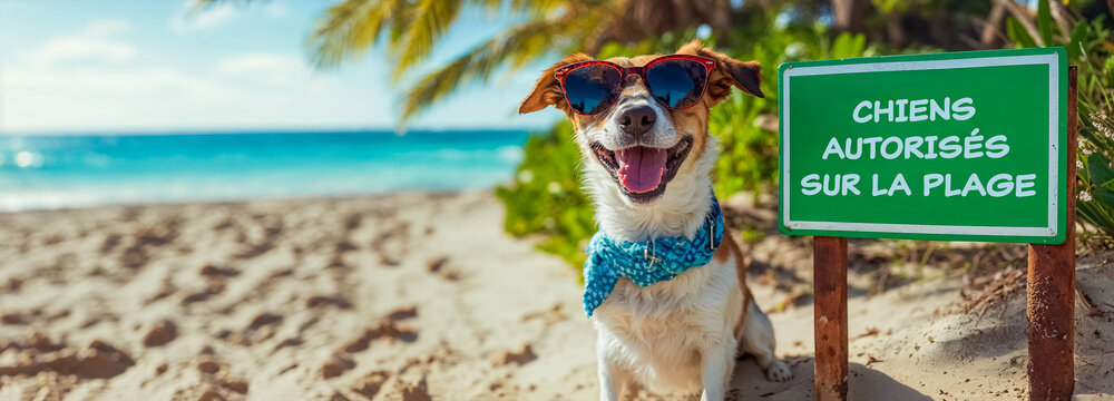 un chien sur une plage, contre un panneau autorisant les chiens sur la plage