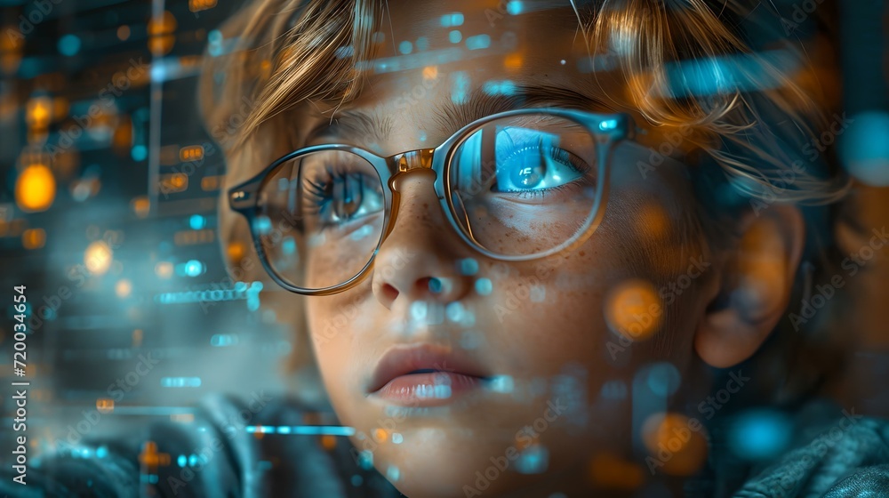 Poster curious child gazing through digital world interface. encounter with futuristic technology. visualiz
