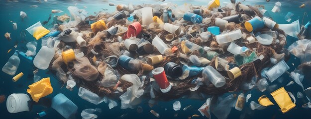 Floating plastic garbage in the ocean or sea. Environmental problem of ocean pollution.