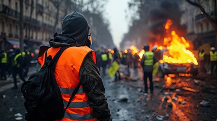 French orange vests on the streets with police