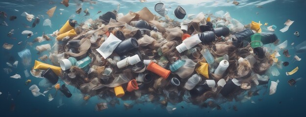 Floating plastic garbage in the ocean or sea. Environmental problem of ocean pollution.