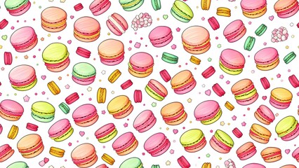 Close up of colorful macaroons. Macarons pattern flat lay. Seamless pattern for bakery, pastry shop, confectionery, wrapping paper or packaging