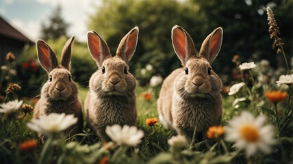 Fototapeta na wymiar three rabbits in a beautiful garden looking at a camera