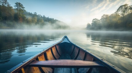 Closeup bow of a modern canoe in the misty lake or river around forest - obrazy, fototapety, plakaty