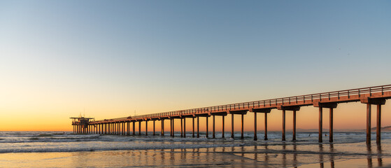 Panoramic view of UCSD Scripps Pier in La Jolla at Magic Hour

