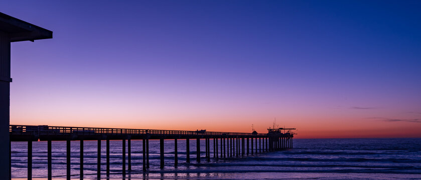 Panoramic view of UCSD Scripps Pier in La Jolla at Magic Hour
