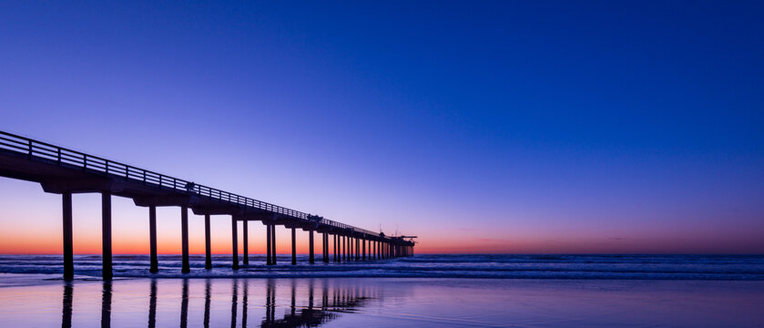 Panoramic view of UCSD Scripps Pier in La Jolla at Magic Hour
