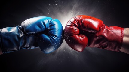 Closeup two man hands in red and blue boxing gloves hitting each other on isolated dark misty background - obrazy, fototapety, plakaty