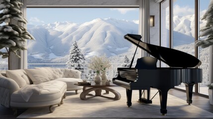 Graceful living room with grand piano and scenic snow-covered mountain view - interior design, home...