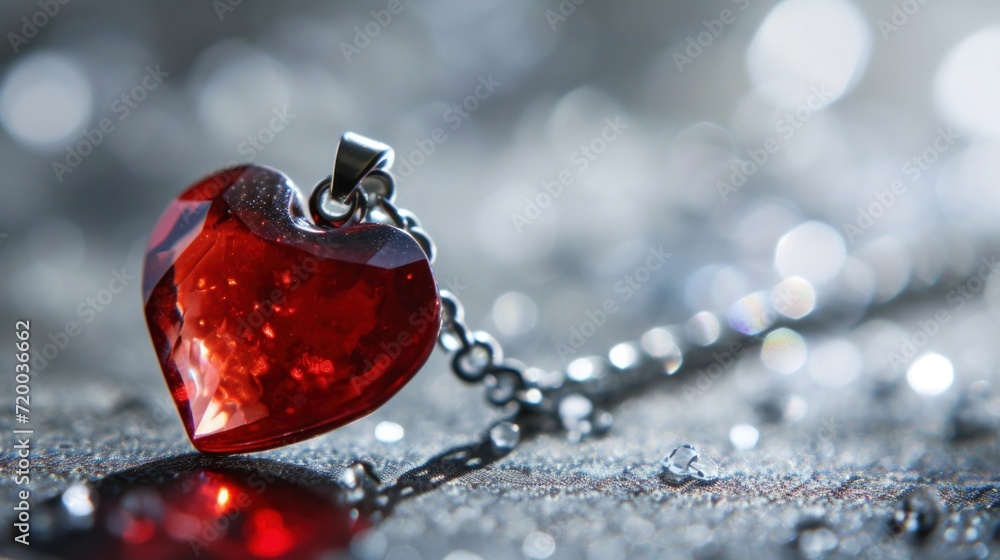 Canvas Prints A red heart shaped pendant on a chain with water droplets, AI