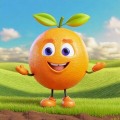 オレンジに顔がついた3Dキャラクター、笑顔で明るく楽しいイメージ