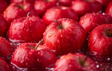 fresh red apple fruit with water drop. Close-up food photography
