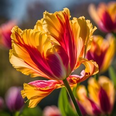 Flower of orange. Petals in the flight. Multicoloured dark pink- light orange tulip in the sun. Made by AI