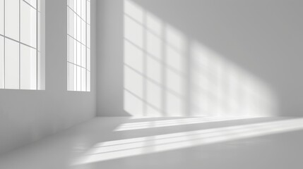 Abstract white studio background, empty gray room with shadows of window