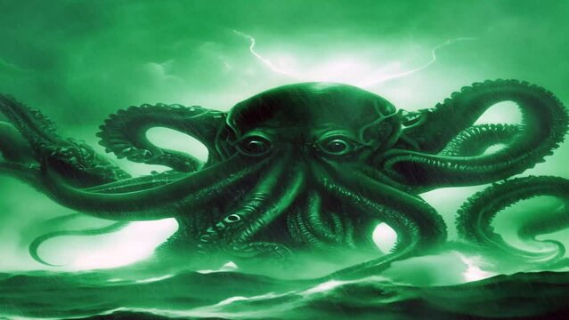In this video, a giant invertebrate capable of destroying ships, or a Kraken, or a Sea Monster known as Leviathan, is surfacing above the ocean waters, and revealing its massive size to the sky.
