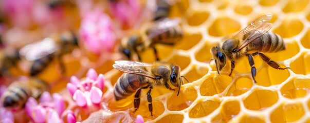 Beekeeping Elegance: Macro View of Honeycombs, Busy Bees, and Delicate Pink Flowers in Golden Honey