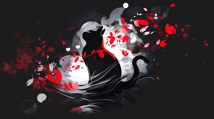 Abstract Feline Artistry: Red, White, and Black Cat Themed Background