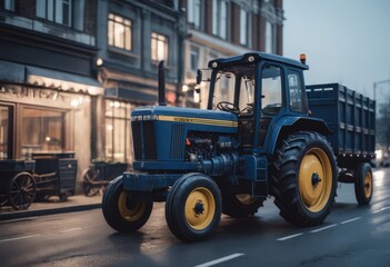 Fototapeta premium Blue tractor on the road with front loader up in the air buildings within background city