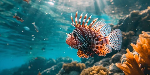 Vibrant lionfish swimming in sunlit coral reef seascape. underwater beauty captured. ideal for marine-themed designs. stock image. AI - obrazy, fototapety, plakaty