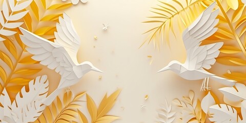 Fototapeta na wymiar Papercut Style Tropical Birds - Elegant Gold and White Artwork