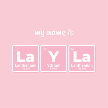 Vector inscription name LAYLA composed of individual elements of the periodic table. Text: My name is. Purple background