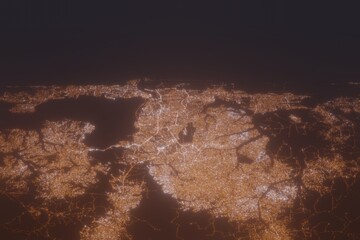 Aerial shot of Lagos (Nigeria) at night, view from north. Imitation of satellite view on modern city with street lights and glow effect. 3d render