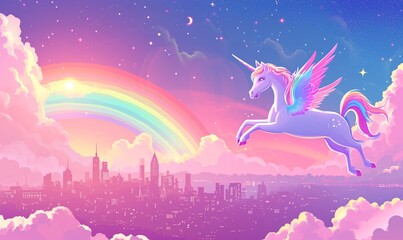 Magical Unicorn Over City Dawn - Hand-Drawn Fantasy Wallpaper Art with Pink Clouds and Rainbow