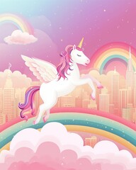 Fantasy Skies: Hand-Drawn Unicorn Flying Over the Rainbow Above a Metropolis at Dawn - Digital Wallpaper Illustration