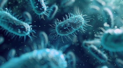 Macro close up shot of blue bacteria and virus cells in a scientific laboratory