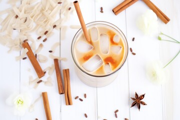 Fototapeta premium overhead shot of iced chai latte with cinnamon stick garnish on white table